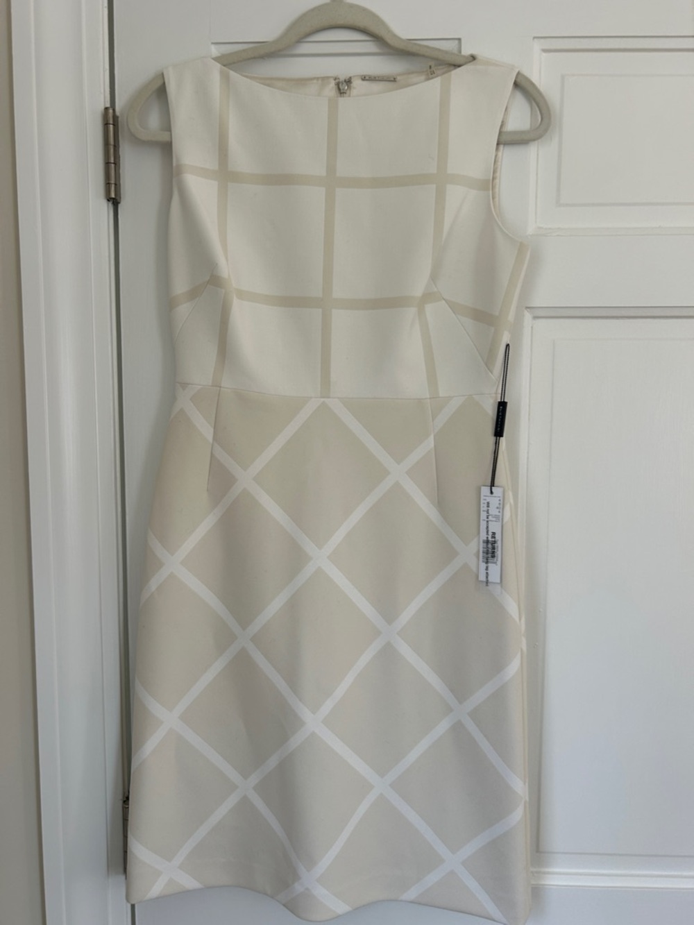 Elie Tahari Cream and Beige Windowpane Sheath Midi Dress